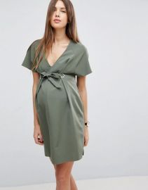 ASOS Maternity V Neck Column Mini Dress with Eyelet and Tie at asos com at Asos